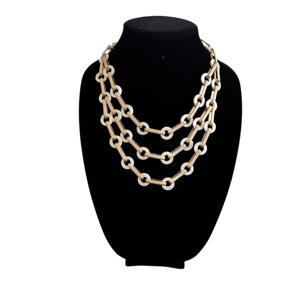 Chico's Mother of Pearl Multi-strand Gold Textured Link Statement Necklace - Picture 2 of 12